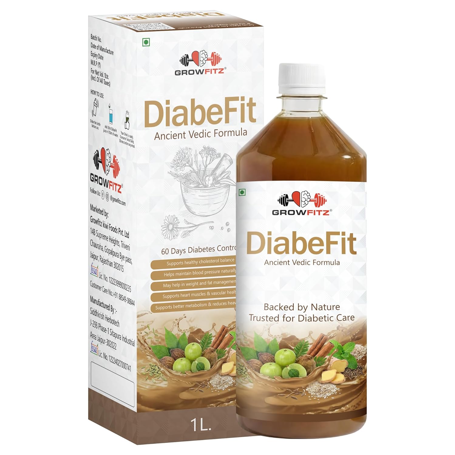 Growfitz Diabefit Herbal Wellness Juice 1L | Supports Healthy Blood Sugar Metabolism & Energy Balance | Amla, Karela, Jamun, Giloy, Neem & Tulsi | No Added Sugar