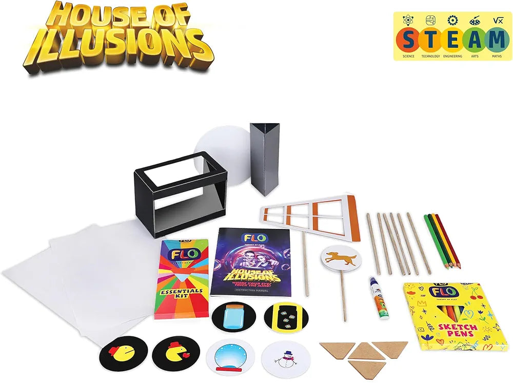 FLO Toys House of Illusions STEM Kit for Kids Age 6+ 5 Optical Illusion Experiments Kaleidoscope Hologram Theatre Mini Hologram Thaumatrope & Ames Window