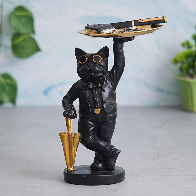 Ecraftindia Black and Golden Polyresin Cat Statue in Formal Dress and Sunglasses With Umbrella Animal Figurine
