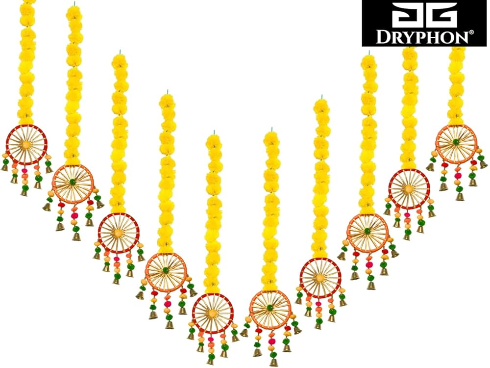 Artificial Marigold Flowers With Pom Pom Ring Bell Hanging Yellow