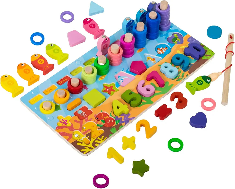 Wishkey Wooden 6 in 1 Multifunctional Learning Board Puzzle, Numbers, Shapes, Fishing Game, Stacking, Montessori Game Educational Toys