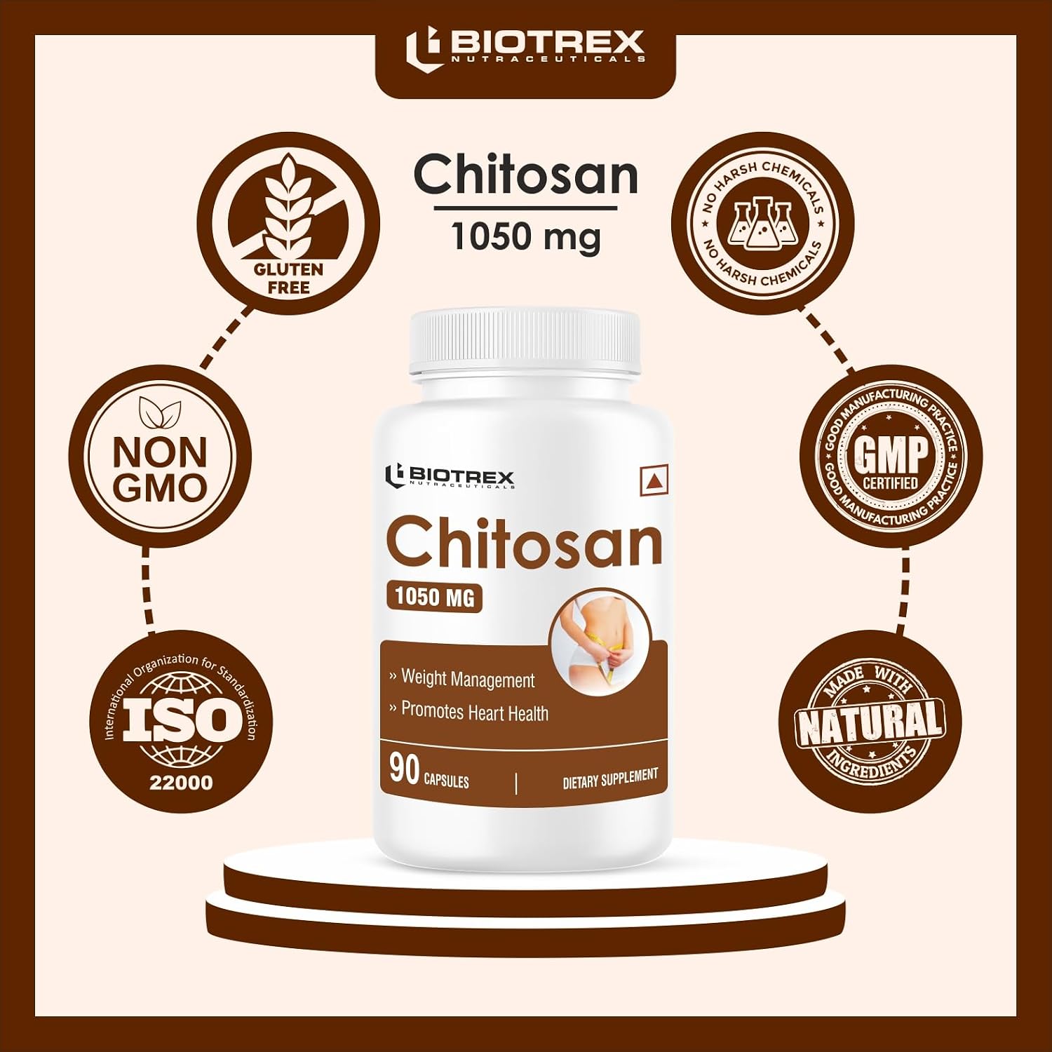 Biotrex Nutraceuticals Chitosan 1050mg, Healthy Weight Management, A Natural Source of Marine Fiber - 90 Capsules