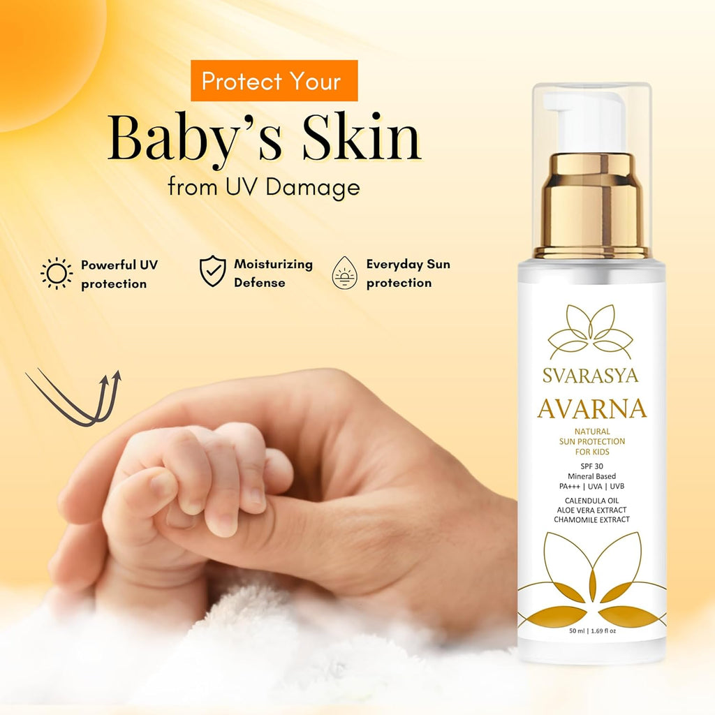 Svarasya Avarna Sunscreen for Kids, 50ml Mineral-Based Kids Sunscreen SPF 30 PA+++, UVA/UVB Protection, Non-Greasy Suncream, Safe for Children Above 6 Months