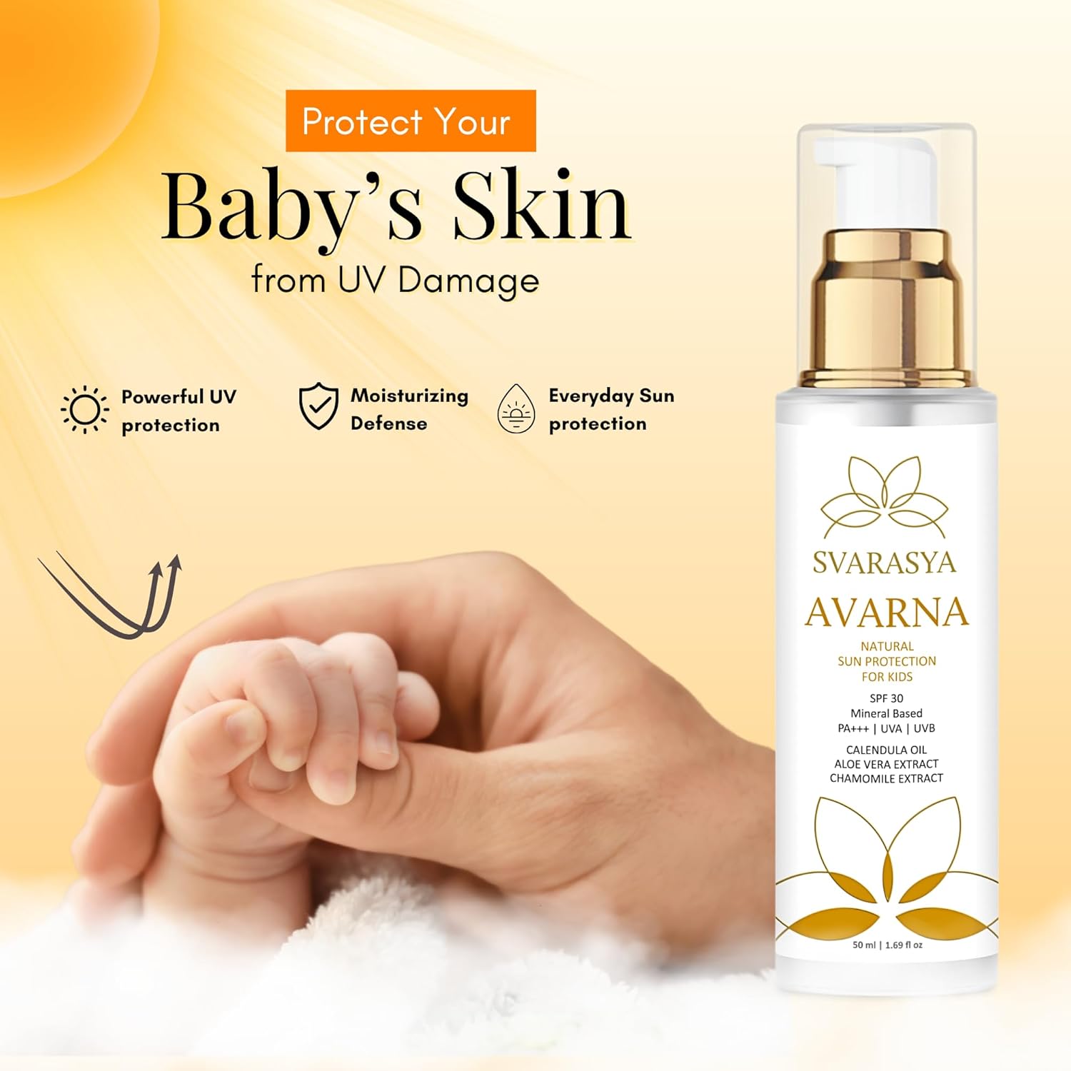 Svarasya Avarna Sunscreen for Kids, 50ml Mineral-Based Kids Sunscreen SPF 30 PA+++, UVA/UVB Protection, Non-Greasy Suncream, Safe for Children Above 6 Months