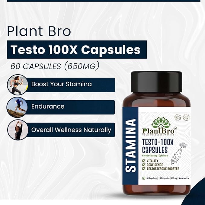 PlantBro Testo - 100x Capsules - 60 Capsules | 650 Mg | Helps in Supporting Endurance & Stamina