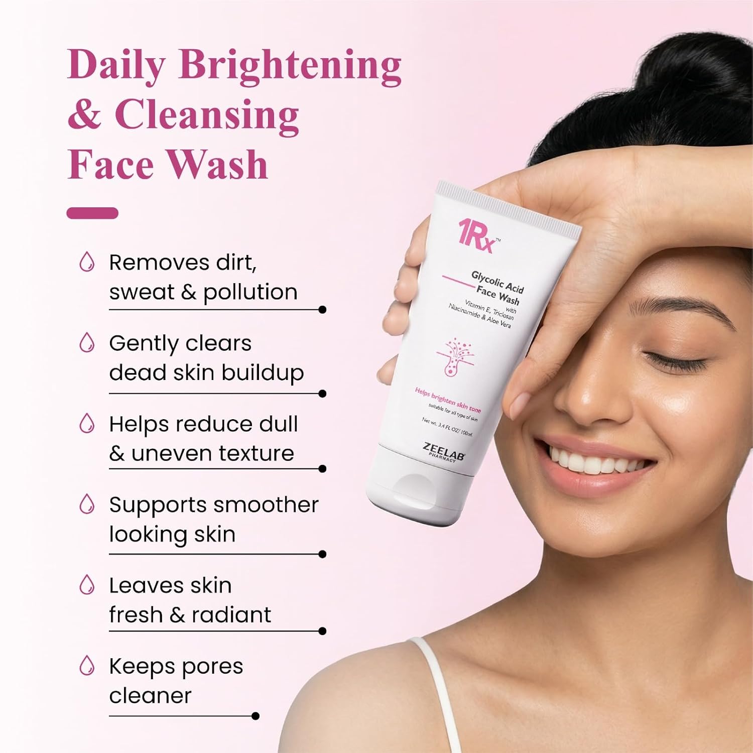 Zeelab 1RX Glycolic Acid Face Wash 100gm | Exfoliating & Brightening Cleanser | With Aloe Vera, Niacinamide & Vitamin E | Removes Dead Skin, Controls Oil & Helps Improve Skin Texture | For Men & Women
