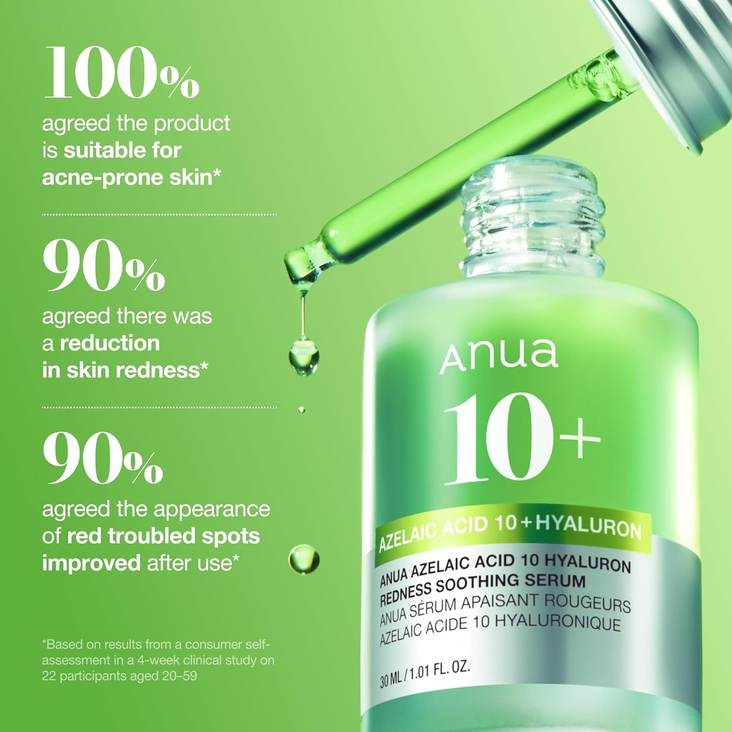 Anua Azelaic Acid 10 Hyaluron Redness Soothing Serum with Cica Soothes & Calms Acne-Prone Skin