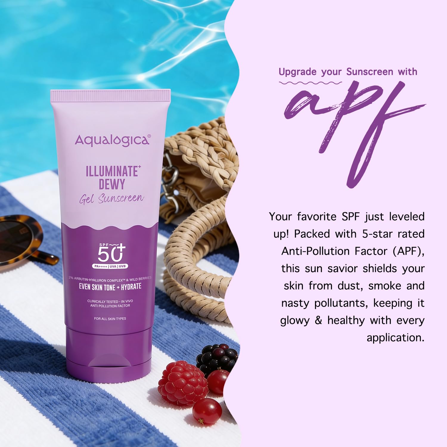 Aqualogica Illuminate+ Dewy Gel Sunscreen SPF 50+ PA++++, 80g | 2% Arbutin-Hyaluron Complex & Wild Berries | Broad Spectrum UVA/UVB & Blue Light Protection | Fragrance-Free | No White Cast | Lightweight | For Men & Women