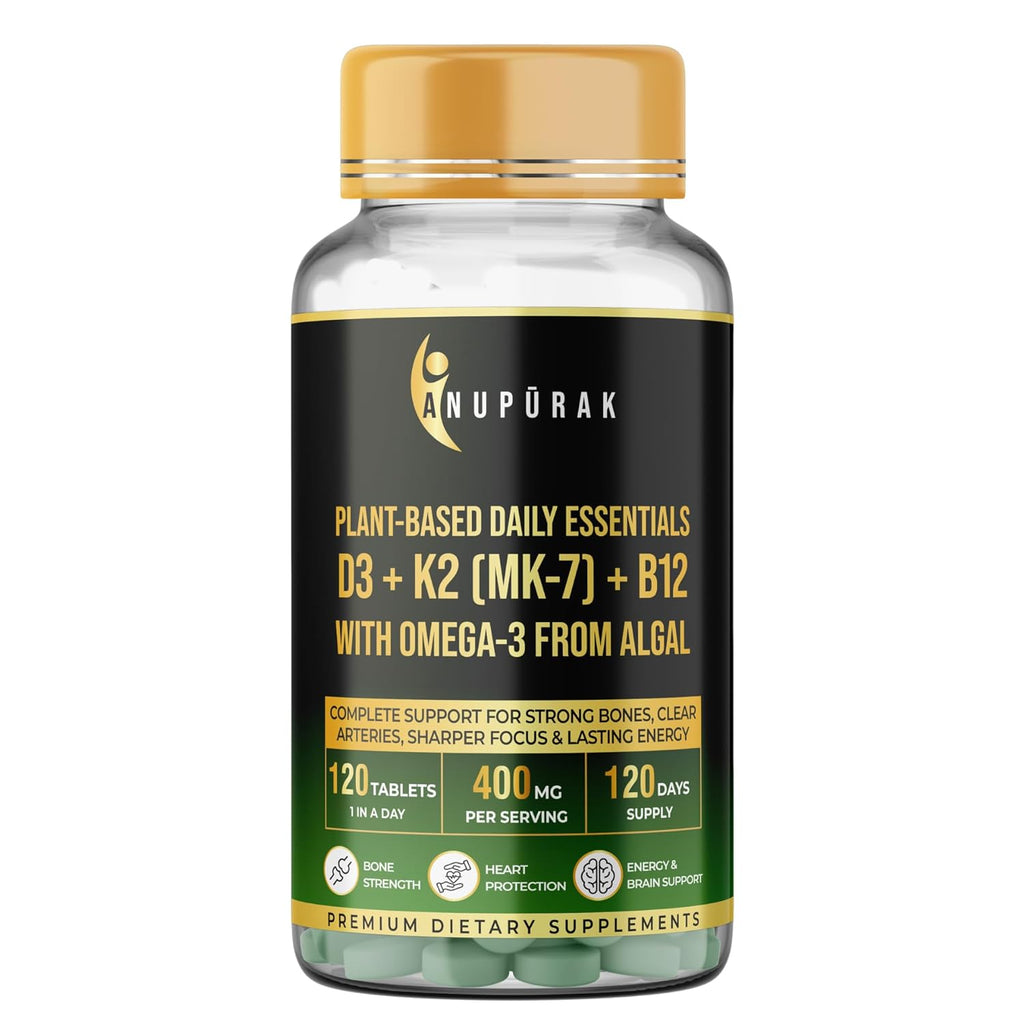 ANUPURAK Vegan D3 K2 B12 & Omega 3 DHA Tablets | 4-in-1 Daily Essential Supplement | Bone, Brain, Heart & Energy Support | D3 (Lichen) + K2 MK-7 (Natto) + B12 + 250mg Algal DHA | 120 Veg Tablets (120 Days)