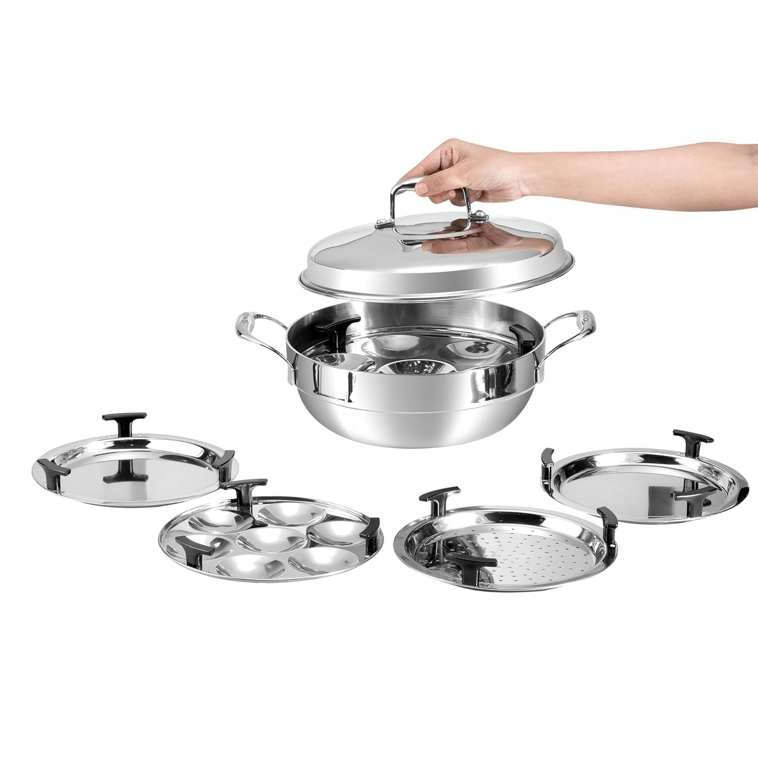 Vinod Platinum Triply Stainless Steel Multipurpose Kadai 26cm 5 Plates 4L Idli Steamer