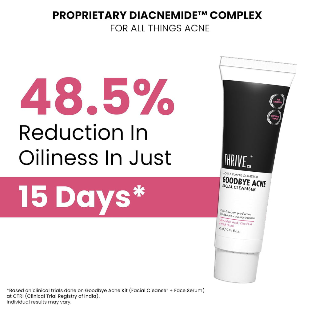 ThriveCo Goodbye Acne™ Facial Cleanser | Reduces Acne, & Sebum | Diacnemide™,| Nondrying & Moisturising | Women & Men, 25ml