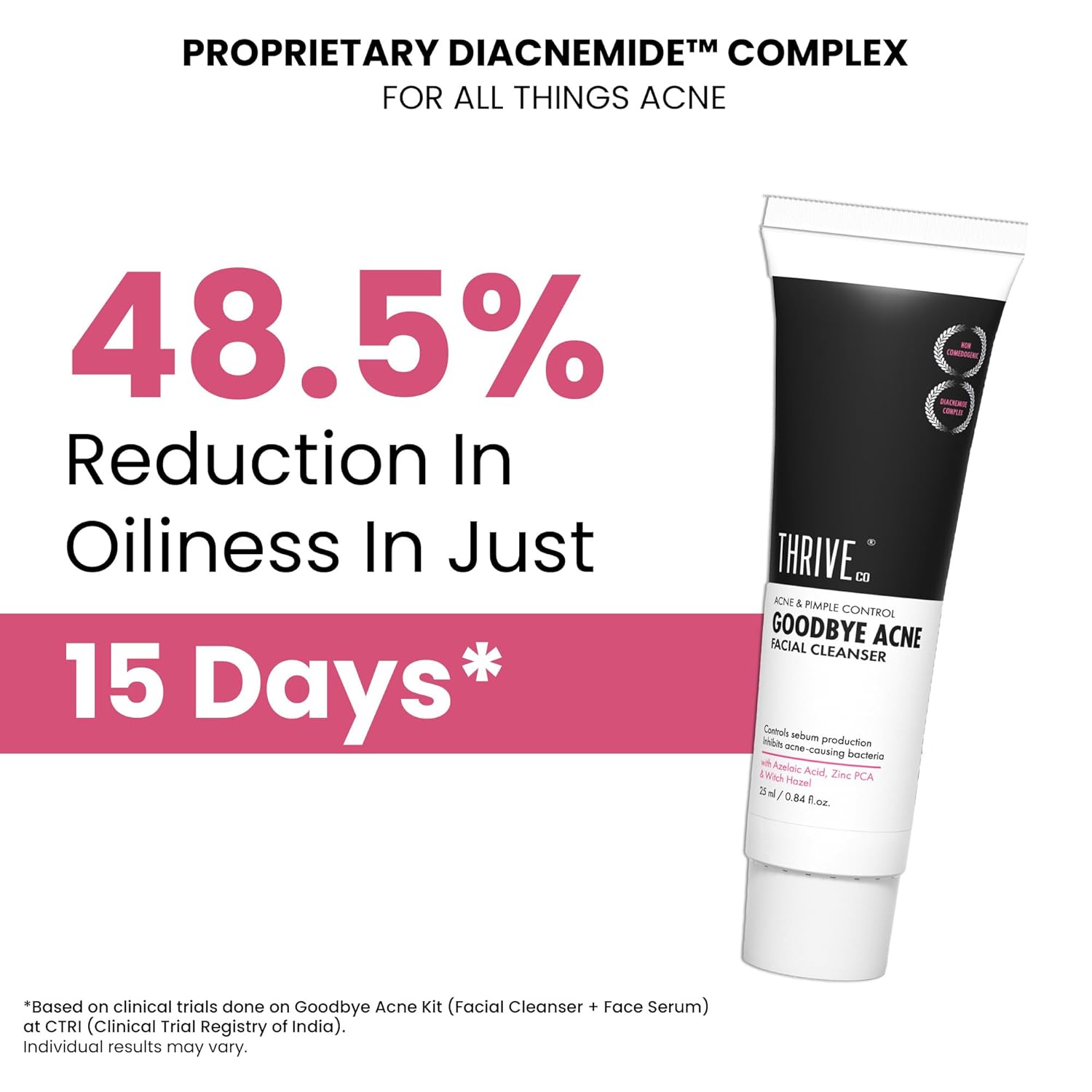 ThriveCo Goodbye Acneâ„¢ Facial Cleanser | Reduces Acne, & Sebum | Diacnemideâ„¢,| Nondrying & Moisturising | Women & Men, 25ml