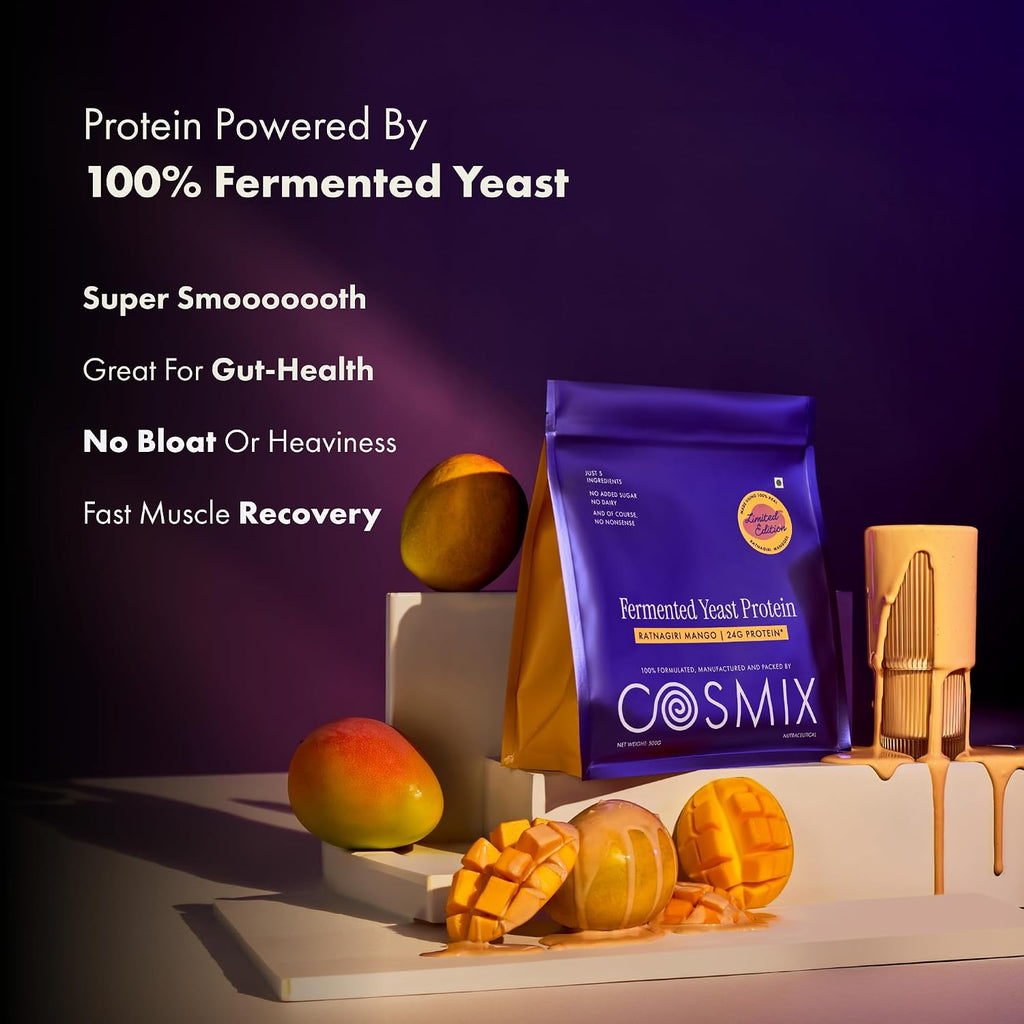 Cosmix Fermented Yeast Protein Powder | 24g Protein | Made with Real Mango | High Absorption with PDCAAS of 1 | No Dairy | Made In-House | Smooth, Tasty & Gut-Friendly | Ratnagiri Mango, 500g Pouch