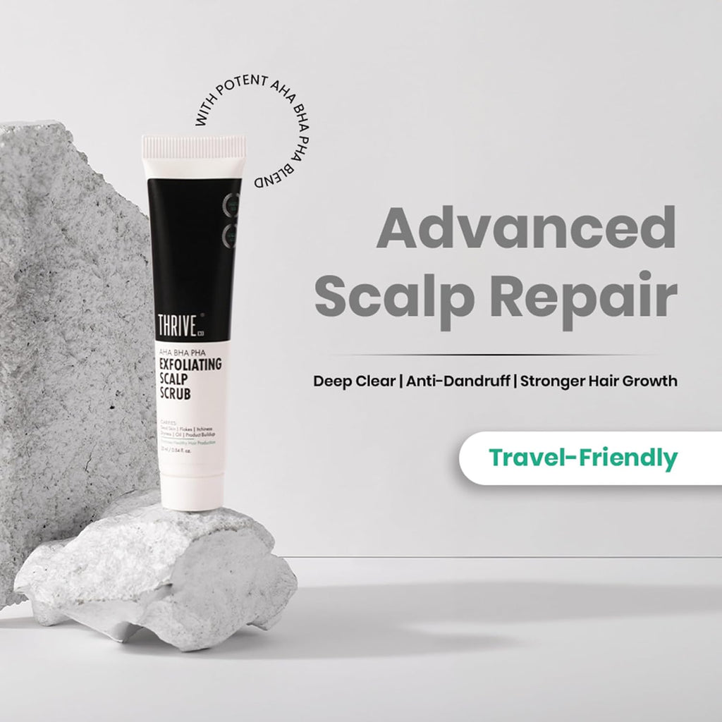 ThriveCo AHA BHA PHA Exfoliating Scalp Scrub | Promotes Hair Growth, Clears Dandruff, Dead Skin, Oil & Product Buildup | Works on Dry, Flaky & Itchy Scalp | For Men & Women | Travel-Friendly | 25ml