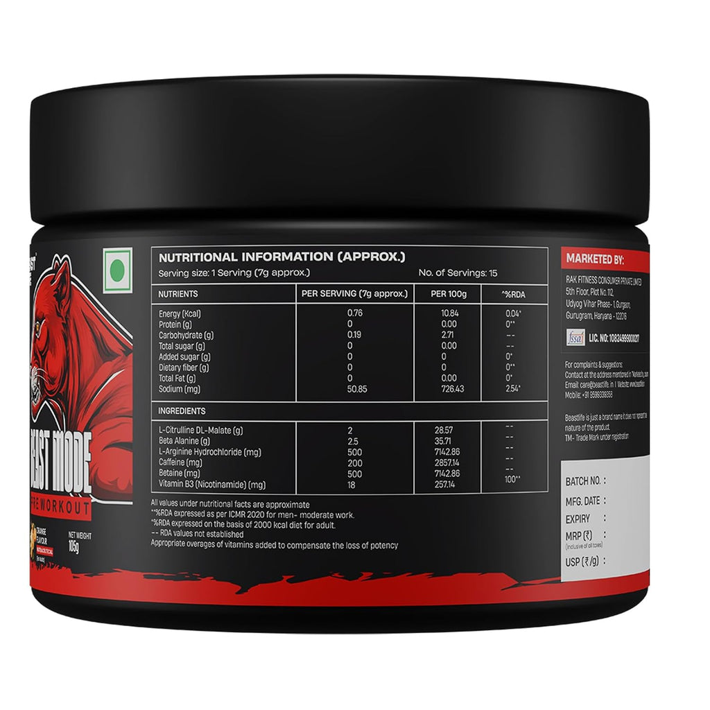 Beastlife Pre-Workout | 105 gm | Orange Flavor | Boosts Pump & Energy | Speeds Up Recovery | 2000 mg Citrulline | 2500 mg Beta-Alanine | 200 mg Caffeine | 500 mg Betaine