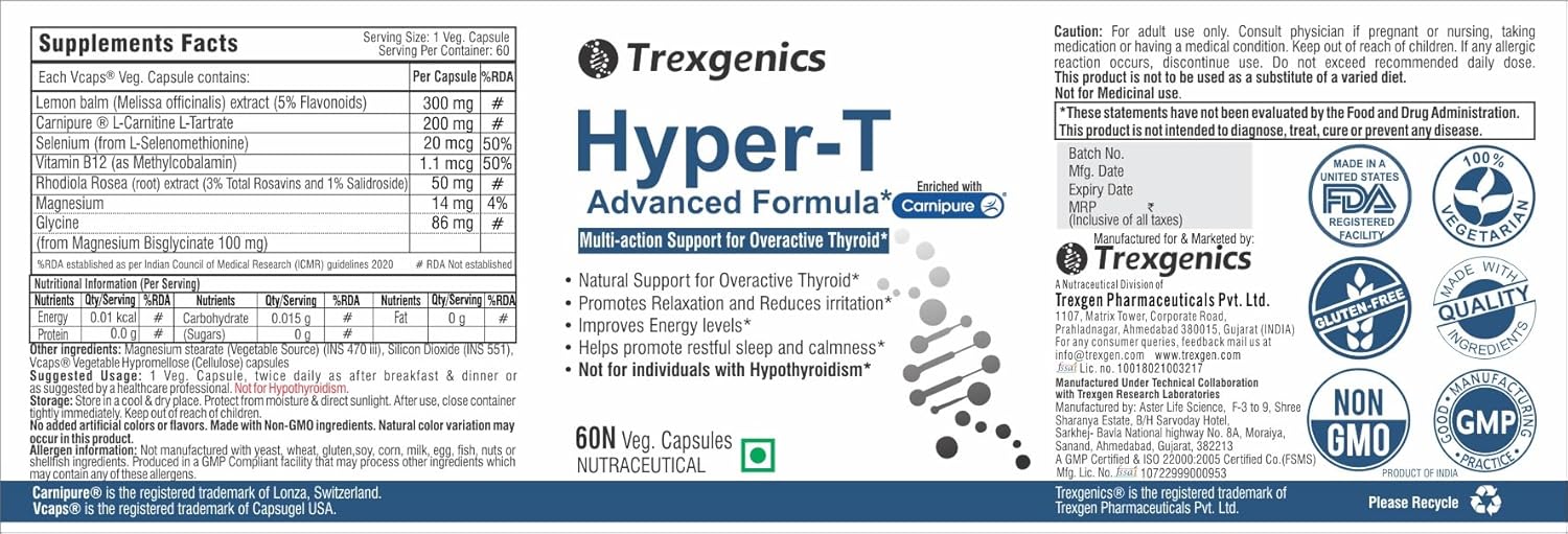 Trexgenics HYPER-T Overactive Thyroid Support VEGAN & NON-GMO (60 Veg. Capsules) (Pack of 1)