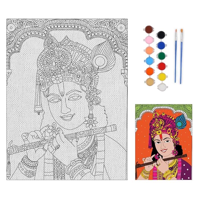 Hobby India Self Painting Karishna Canvas - Tanjor Art | Pre-designed Canvas Board