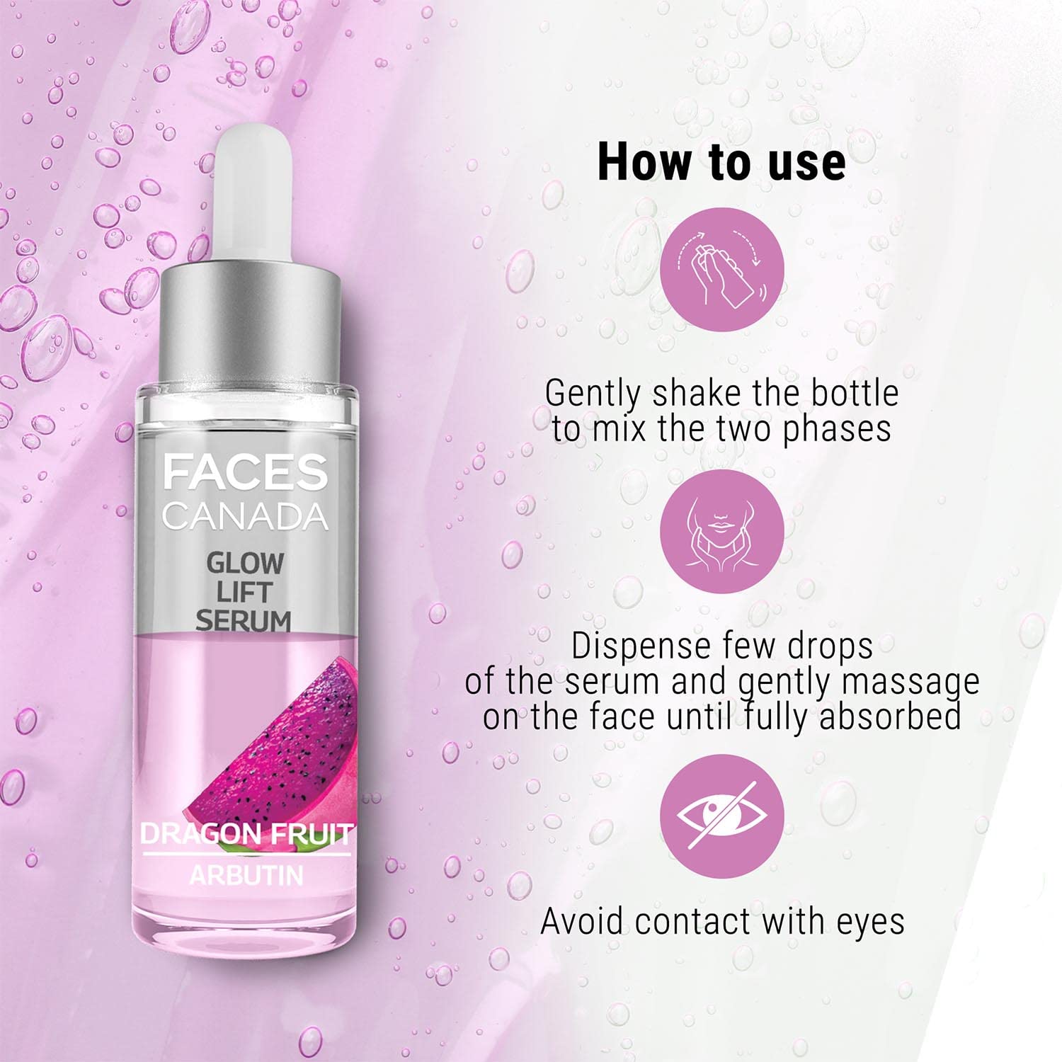 FACES CANADA Glow Lift Serum, 27 ml | Dragon Fruit & Arbutin | Biphasic Face Serum | Restores Glow & Hydrates For Spotless, Radiant & Plump Skin | Helps Reduce Dark Spots & Pigmentation | 2% Salicylic Acid (w/w)