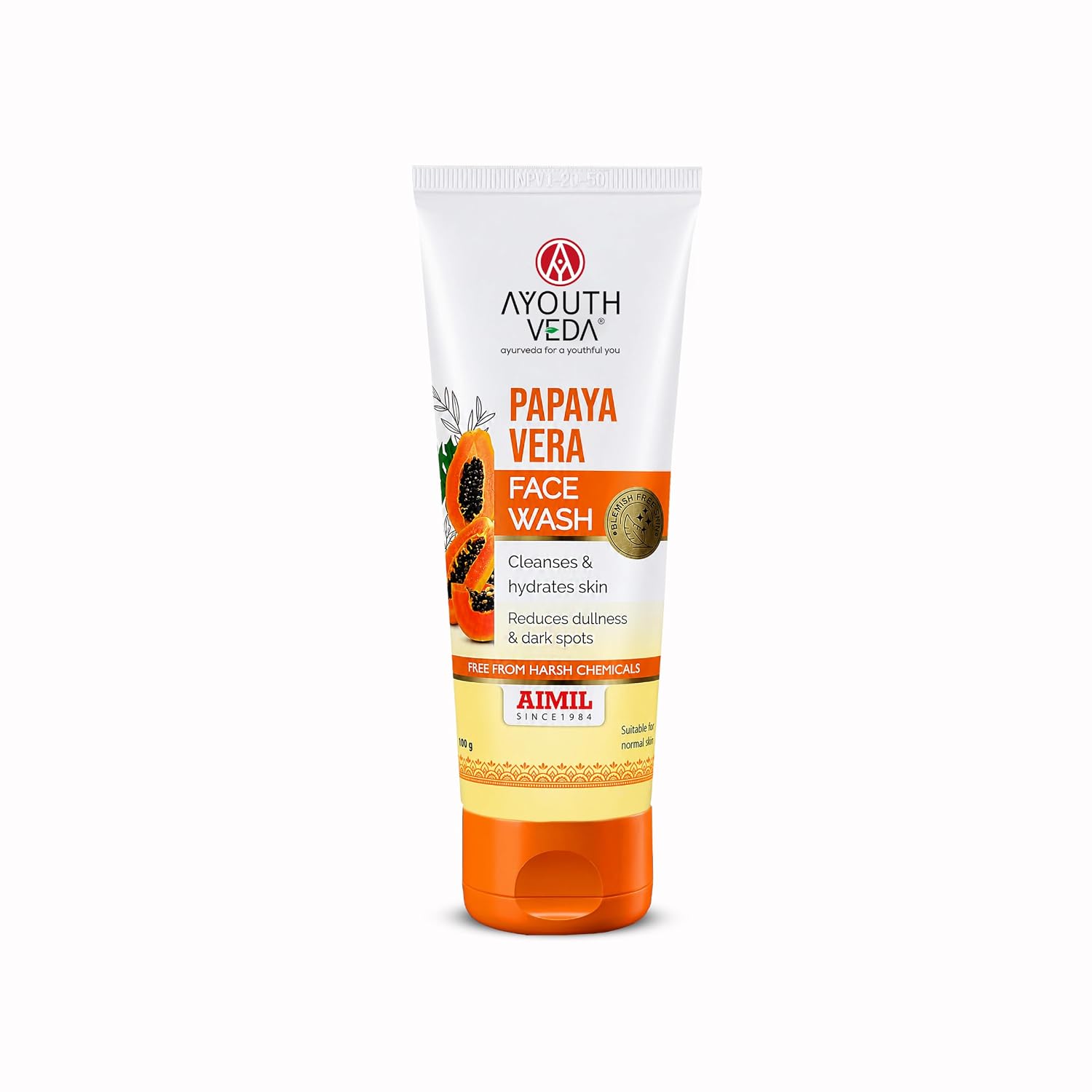 Ayouthveda Papaya Vera Face Wash with Real Papaya Extract for Dry to Normal Skin | Deep Cleansing, Removes Dullness, Dark Spots & Impurities | Hydrating, Sulfate-Free Gentle Formula | 100 g (Pack of 1)