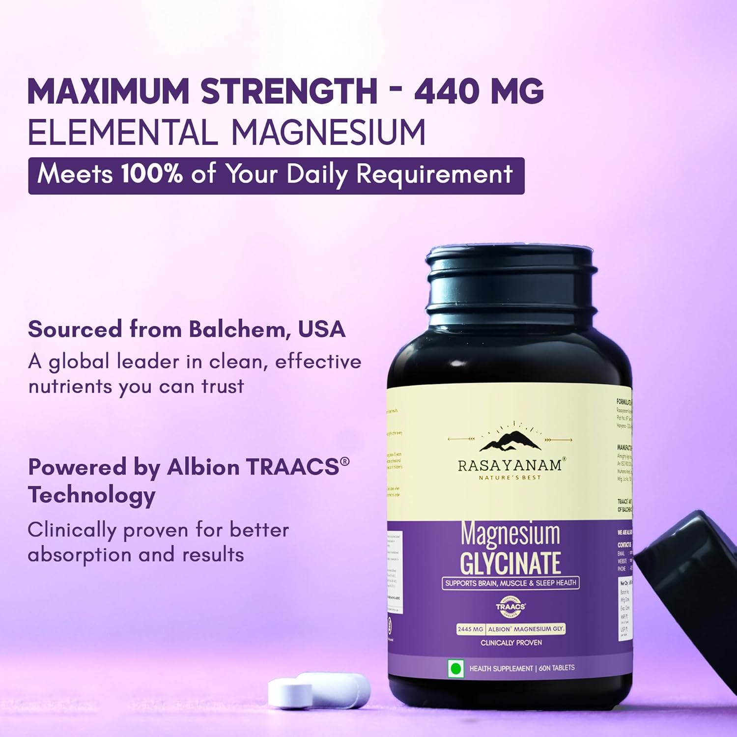 Rasayanam Chelated Magnesium Glycinate (2445 mg) - 60 Tablets | 440 mg Elemental Magnesium | High Absorption Magnesium Supplement | Supports Sleep, Relaxation & Muscle Recovery | Patented TRAACSÂ®