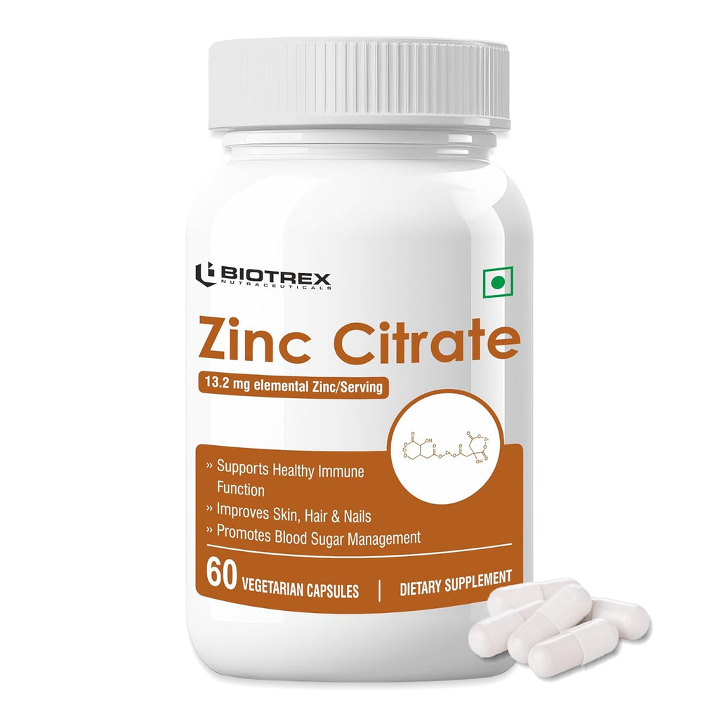 Biotrex Nutraceuticals Zinc Citrate Supplement | Immunity & Growth | Better Immune System & Overall Healing | Well Absorbed Zinc | 60 Veg Capsules