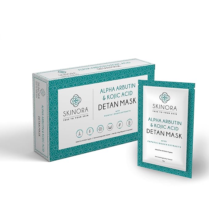 Skinora Alpha Arbutin & Kojic Acid Detan Mask | Tan Removal & Skin Brightening - 10 Gms Each | 6 Sachets
