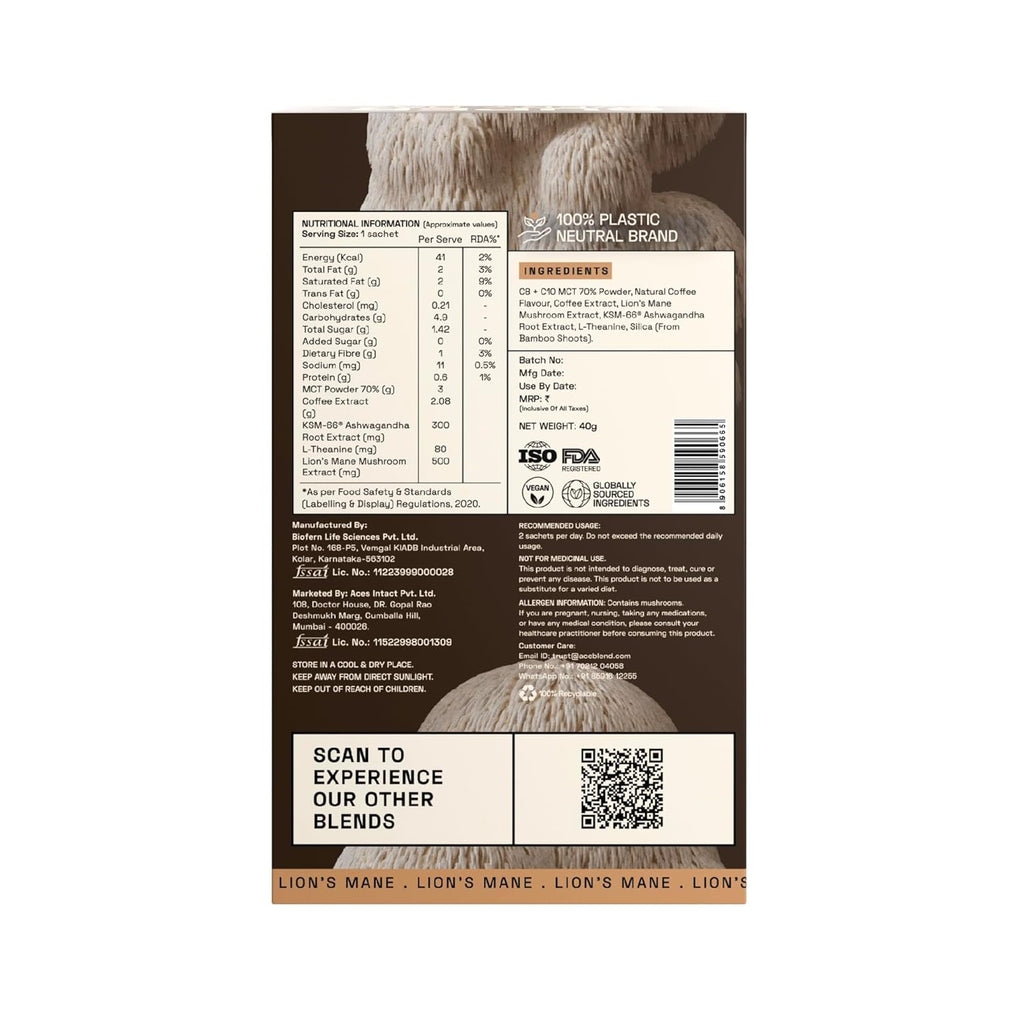Ace Blend Lions Mane Shroom Coffee (5 Serves) | 500mg Lion's Mane Extract | KSM-66 Ashwagandha | L-Theanine & MCT Powder | Focus | Memory | Cognitive Support | Instant Coffee | Medium Roast Blend