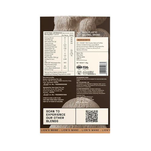 Ace Blend Lions Mane Shroom Coffee (5 Serves) | 500mg Lion's Mane Extract | KSM-66 Ashwagandha | L-Theanine & MCT Powder | Focus | Memory | Cognitive Support | Instant Coffee | Medium Roast Blend