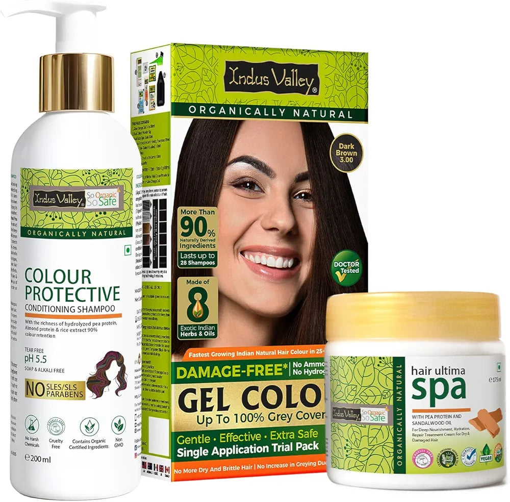 Indus Valley Dark Brown Hair Colour With Protection Shampoo And Hair Ultima Spa Combo