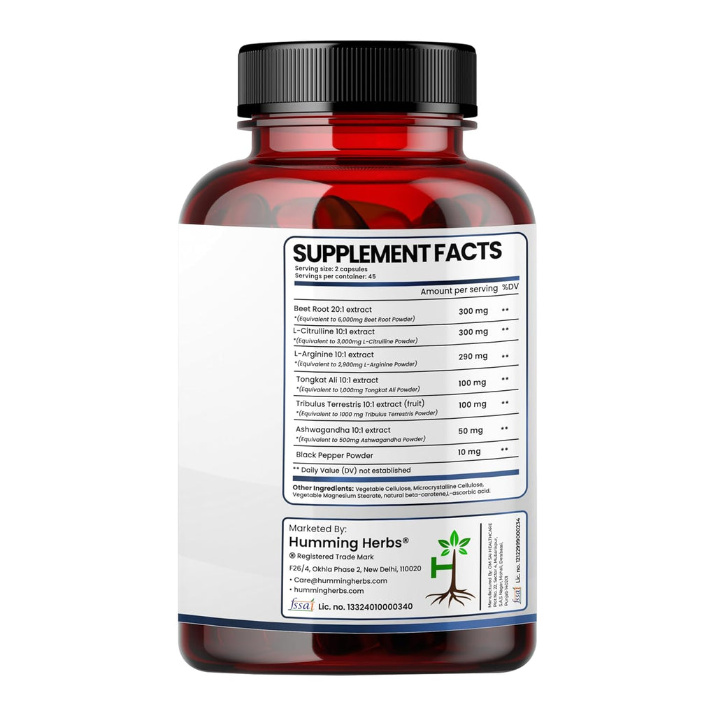 Humming Herbs ULTRA NITRIC BOOSTER - 7in1 | Beet Root, L-Arginine, Tongkat Ali, Black Pepper, L-Citrulline, Tribulus Terrestris & Ashwagandha - Enhance Energy, Performance, and Stamina - 90 Cap