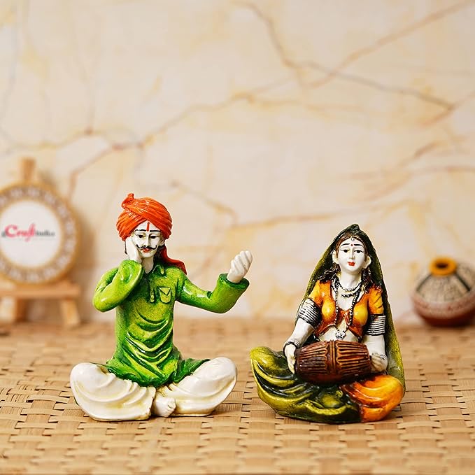 Ecraftindia Colorful Combo of Rajasthani Craftsmen Singing and Lady Playing Musical Instrument Dholak Statue