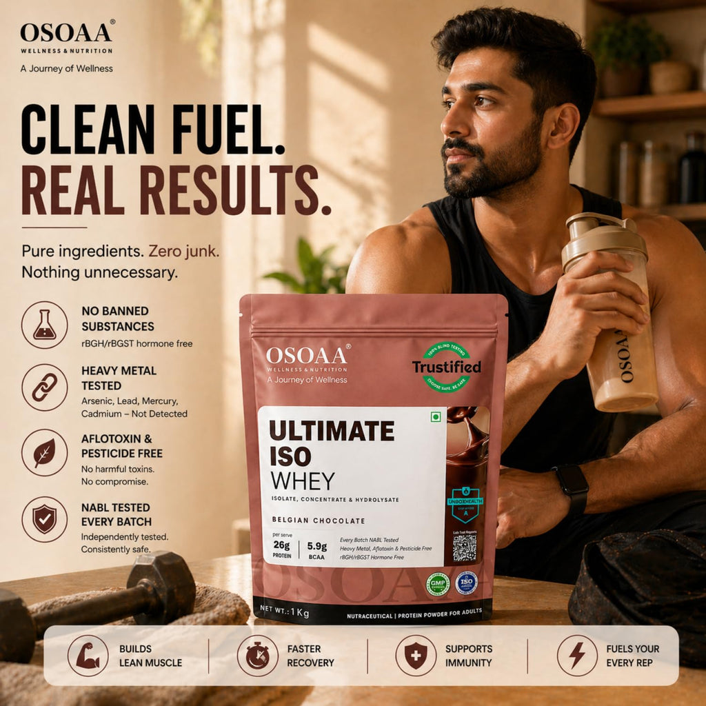OSOAA Ultimate ISO Impact Whey Protein - 1kg, Belgian Chocolate | 26g Protein, 7g BCAA | Tri-Blend: Isolate, Concentrate & Hydrolysate | Trustified Certified & Batchwise NABL Lab Tested | Unbox Health A Rated | No Adulteration