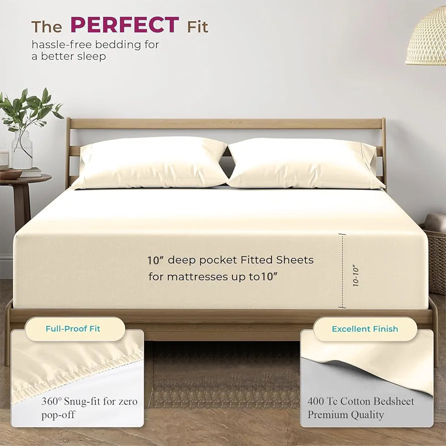Trance Home Linen 100% Cotton 78x72 inch King Elastic Fitted Bedsheet 400 Thread Count Premium Plain Elastic Bedsheet with 2 Pillow Covers Colour Ivory