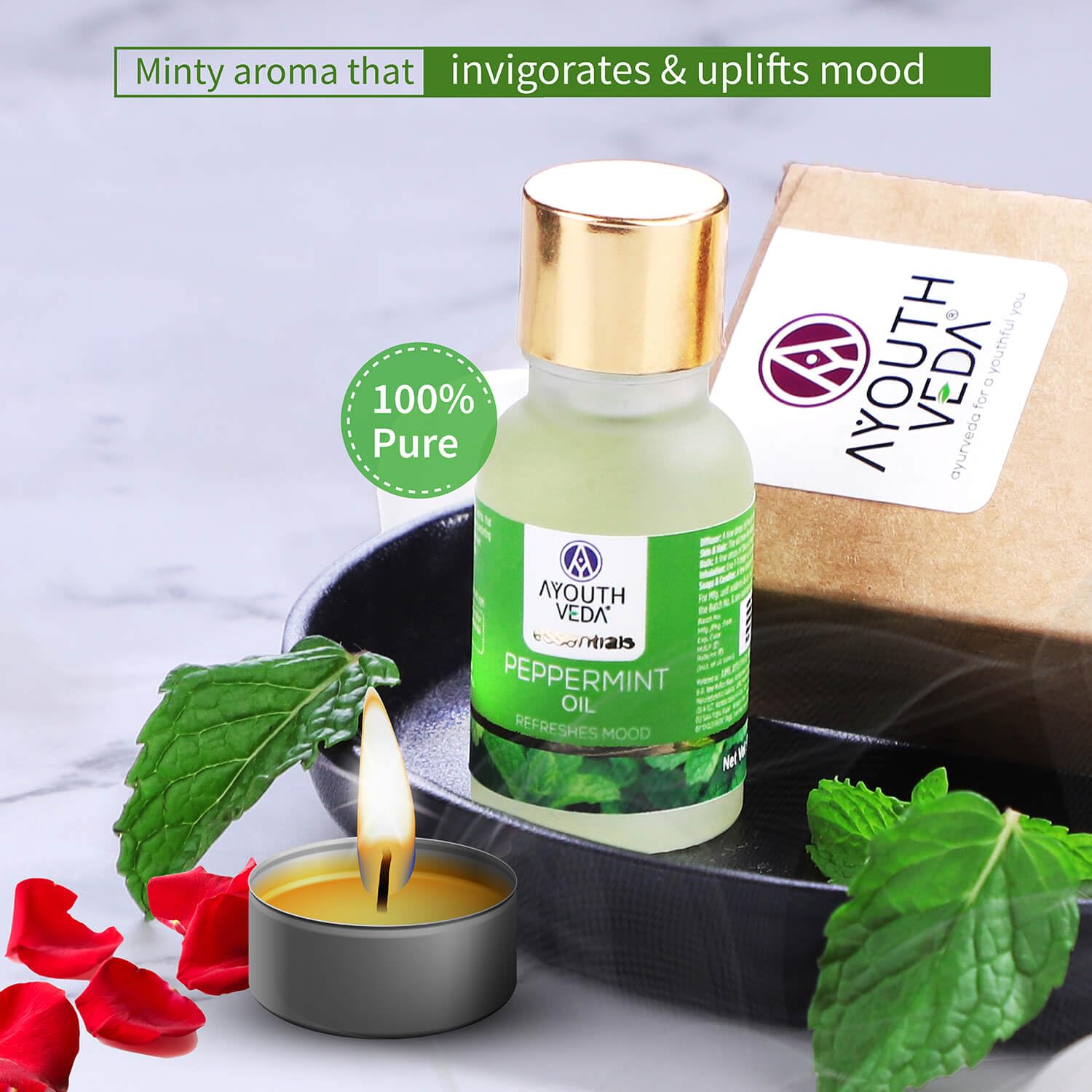 Ayouthveda Peppermint Essential Oil for Skin & Hair | Aromatherapy Kit for Stress Relief & Relaxation | 100% Pure & Natural Therapeutic Grade |Can Be Used as Air purifier (Pack Of 1; 15ml)