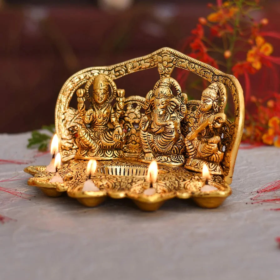 Laxmi Ganesh Saraswati Idol Diya Oil Lamp Deepak Metal