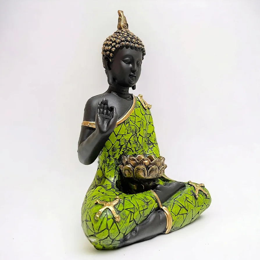 Neelaya Meditating Buddha Statue with Tealight Candle Holder Polyresin Showpiece 28 cm Black Green