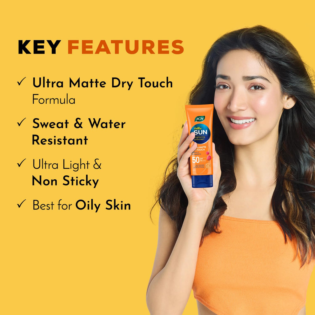 Joy Hello Sun Ultra Matte Sunscreen SPF 50 PA ++++ (100ml) | Protects & Controls Oil | Ultra Light, Water Resistant & No White Cast | SPF50 For Oily, Dry, Acne-prone Skin