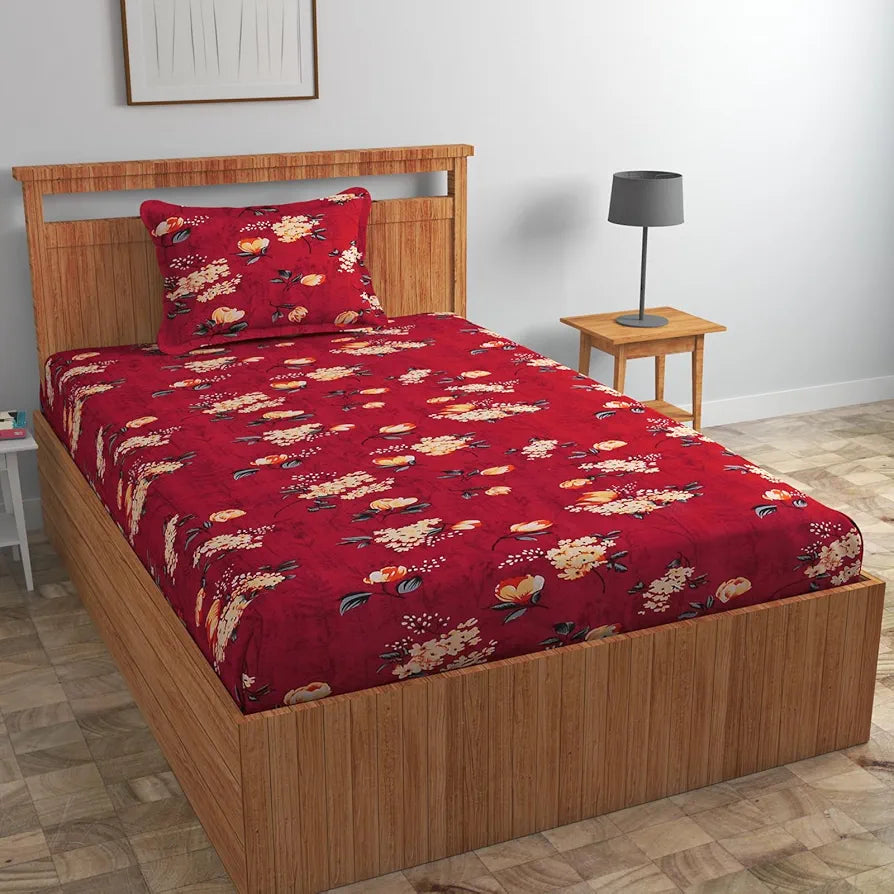 Homefab India 160 TC Glace Cotton Single BedSheet with 1 Pillow Cover Maroon Floral