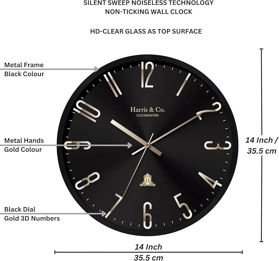 Harris & Co. Clockmasters Silent Sweep Noiseless Technology Analog Wall Clock With Metal Golden 3d Numbers Black