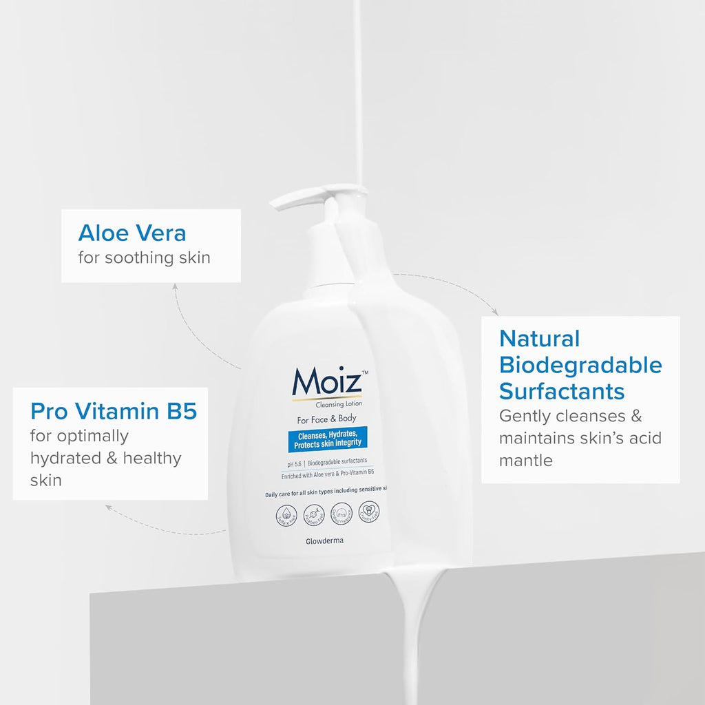 Moiz Cleansing Lotion | Face & Body Cleanser | For Sensitive Skin | With Aloe Vera & Pro-Vitamin B5 | pH 5.6 | Soap, Paraben & Sulphate Free - 400ml