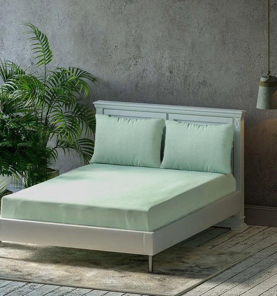 Trance Home Linen Premium 300 TC Pure 100% Cotton King Fitted Bedsheet with 2 Pillow Printed Covers Colour Olive