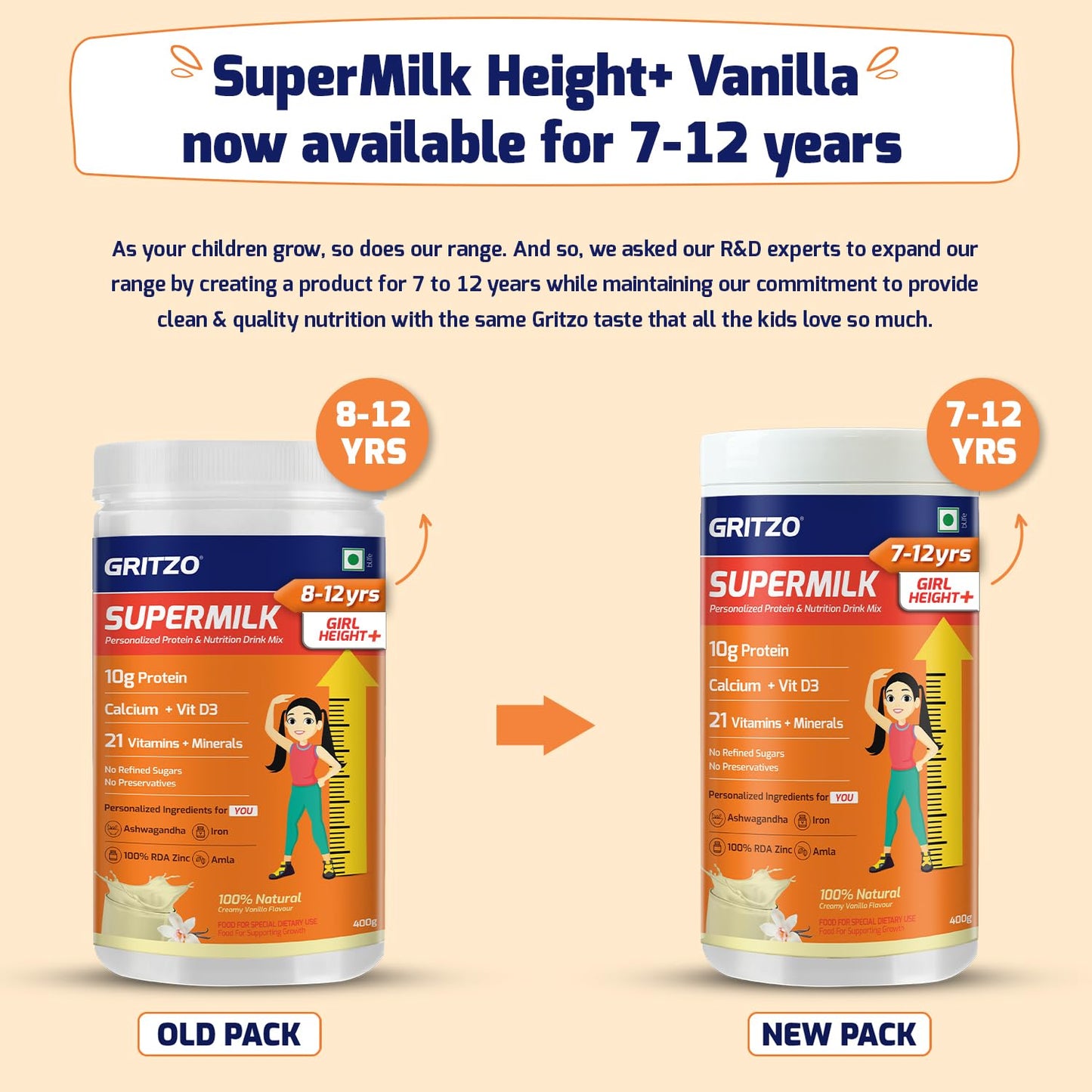 Gritzo SuperMilk Height+ (7-9y Girls), 10g Protein (Creamy Vanilla)