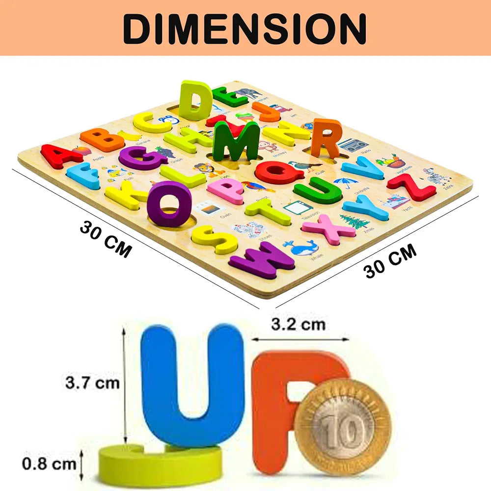 Wishkey 3d wooden capital alphabet puzzles with pictures for children, montessori educational learning letters puzzle board toy- Multi color