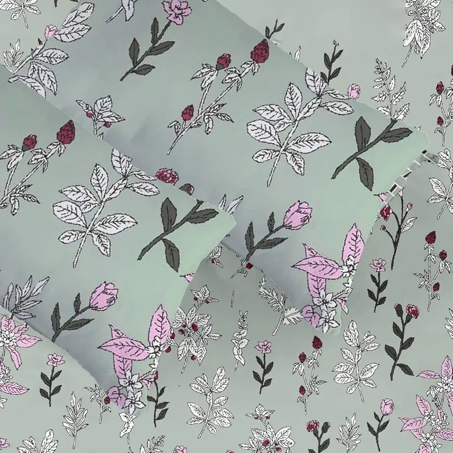 Trance Home Linen 180 TC Cotton Standard Queen Size Elastic Fitted Bedsheet Printed Queen Bed Size with 2 Pillow Covers Colour Misty Green Carnations
