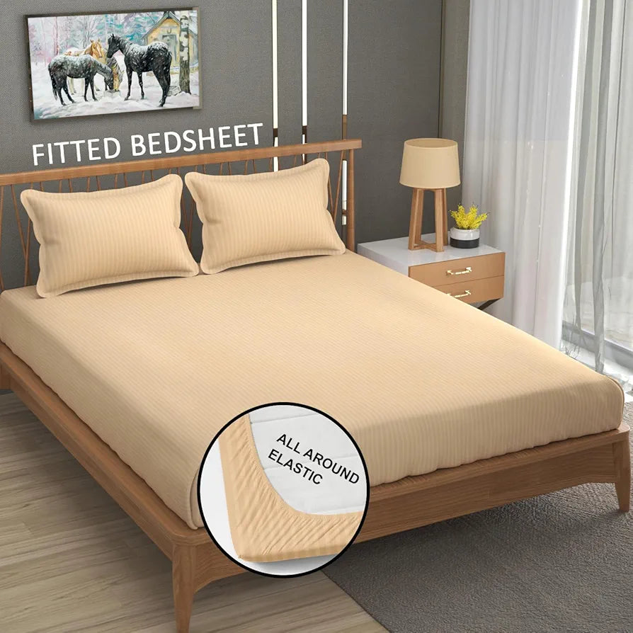 Homefab India 160 TC Stripe Cotton Feel Glace Cotton Elastic Fitted King Size Double Bed Bedsheet with 2 Pillow Covers Fits Upto 6 inches Mattress Peach