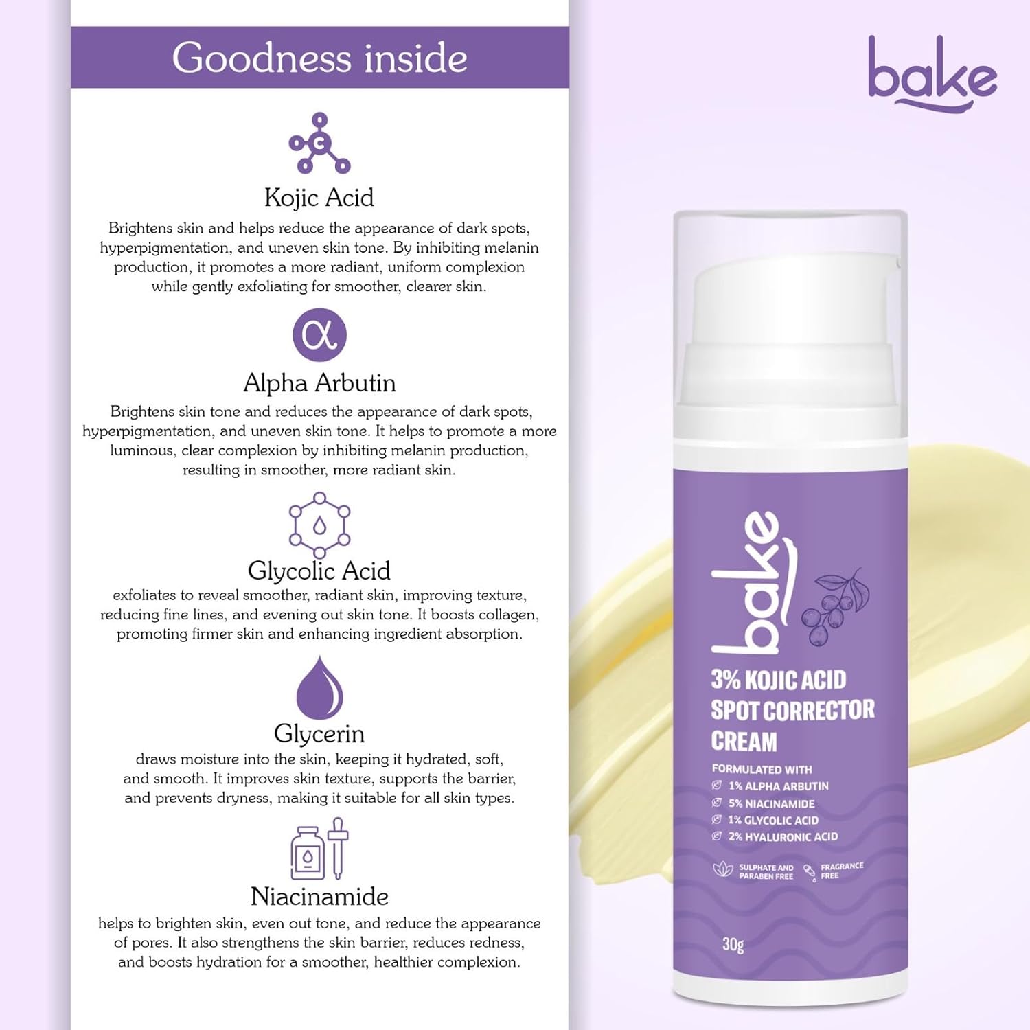 BAKE 3% Kojic Acid Spot Corrector Cream with Alpha Arbutin for Pigmentation, Dark Spots, Under Eye Circles & Even Skin Tone â€“ 30g