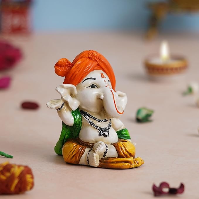 Ecraftindia Orange Polyresin Handcrafted Dancing Lord Ganesha Idol While Sitting | God Idol
