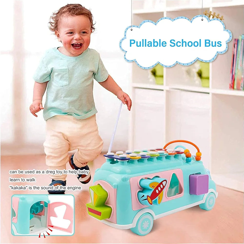 Lefan Plastic Musical Happy Bus Toy Baby Toys 6-18 Months with Xylophone & Shape Sorter Push & Pull Educational and Learning Toys for 1 2 3 4 5 Year Old Gift for Toddlers-Blue