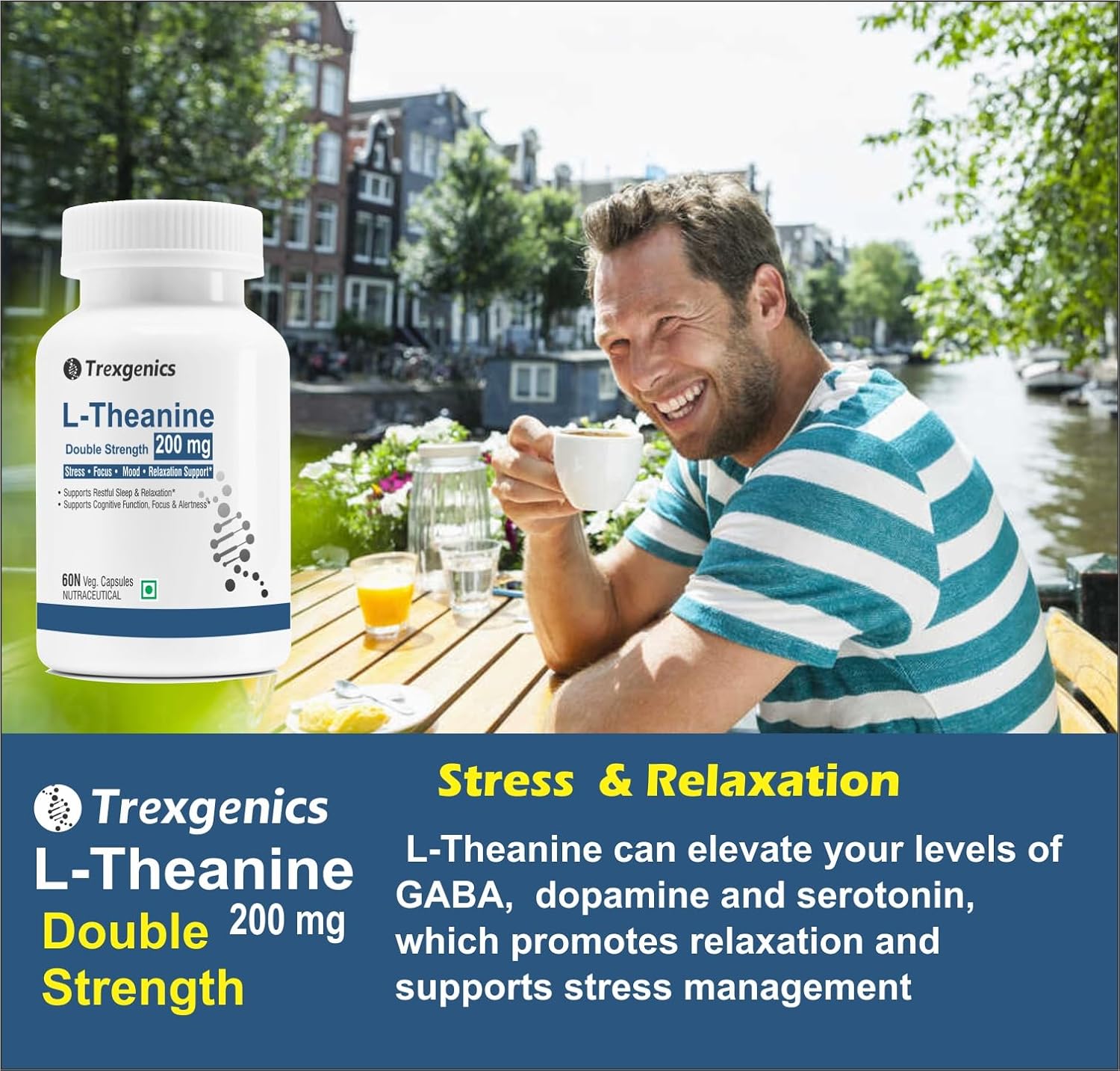 Trexgenics L-THEANINE 200 mg, Double strength Stress, Focus, Mood, Relaxation Support (60 Veg Capsules)