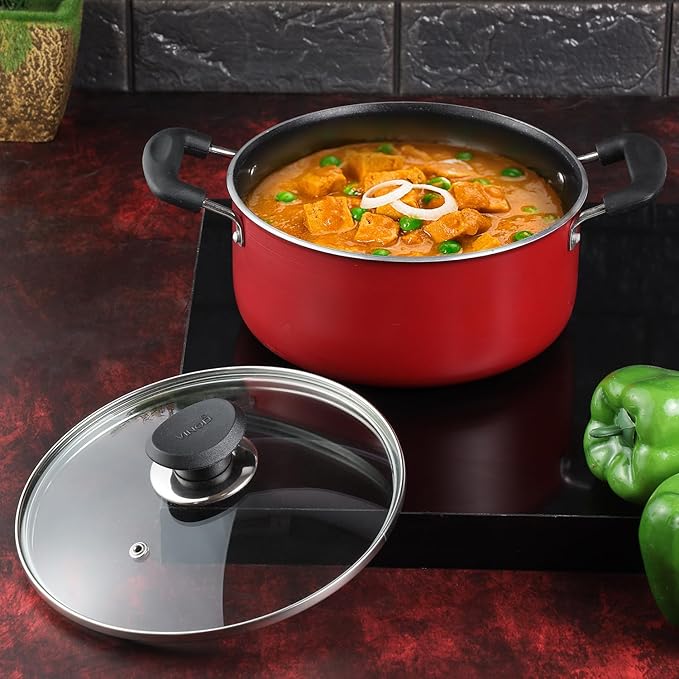 Vinod Zest Inducto Aluminium Non Stick Saucepot with Glass Lid - 3.1 Litre, 20cm | 3mm Thick
